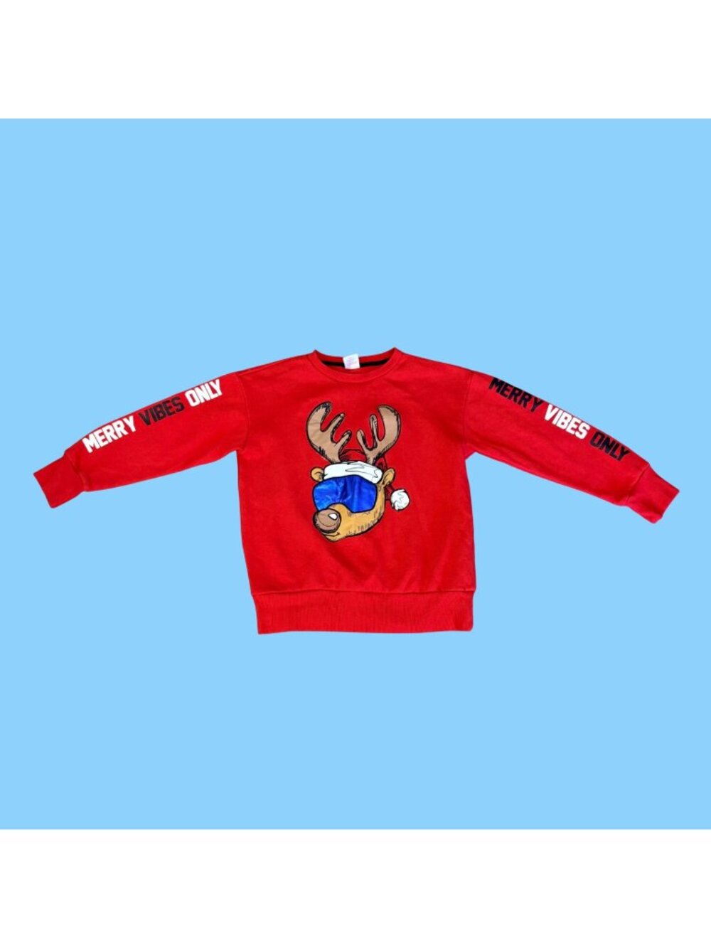 Holiday Time Kids Red Reindeer Sweatshirt W/ "Merry Vibes Only" Size M (8)